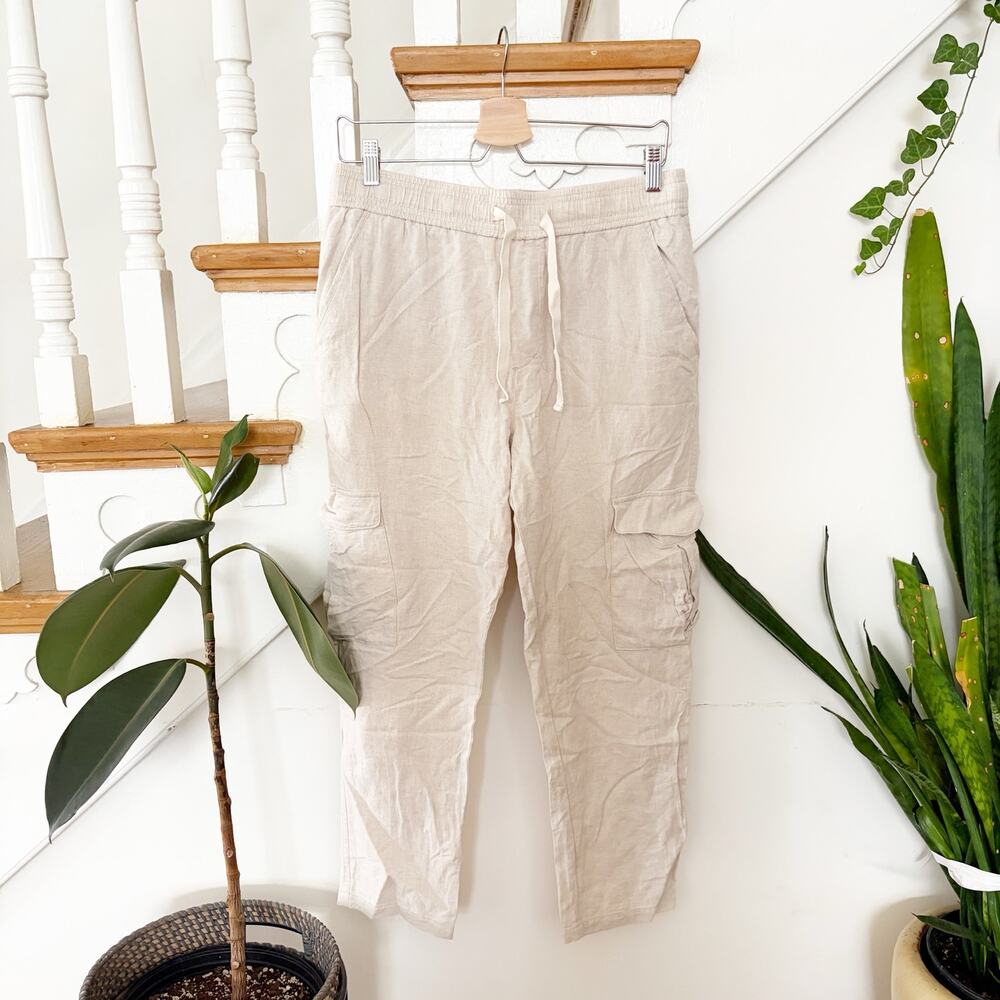Zara Men's Beige Linen Cotton Blend Drawstring Cargo Pants Relaxed Fit Size M